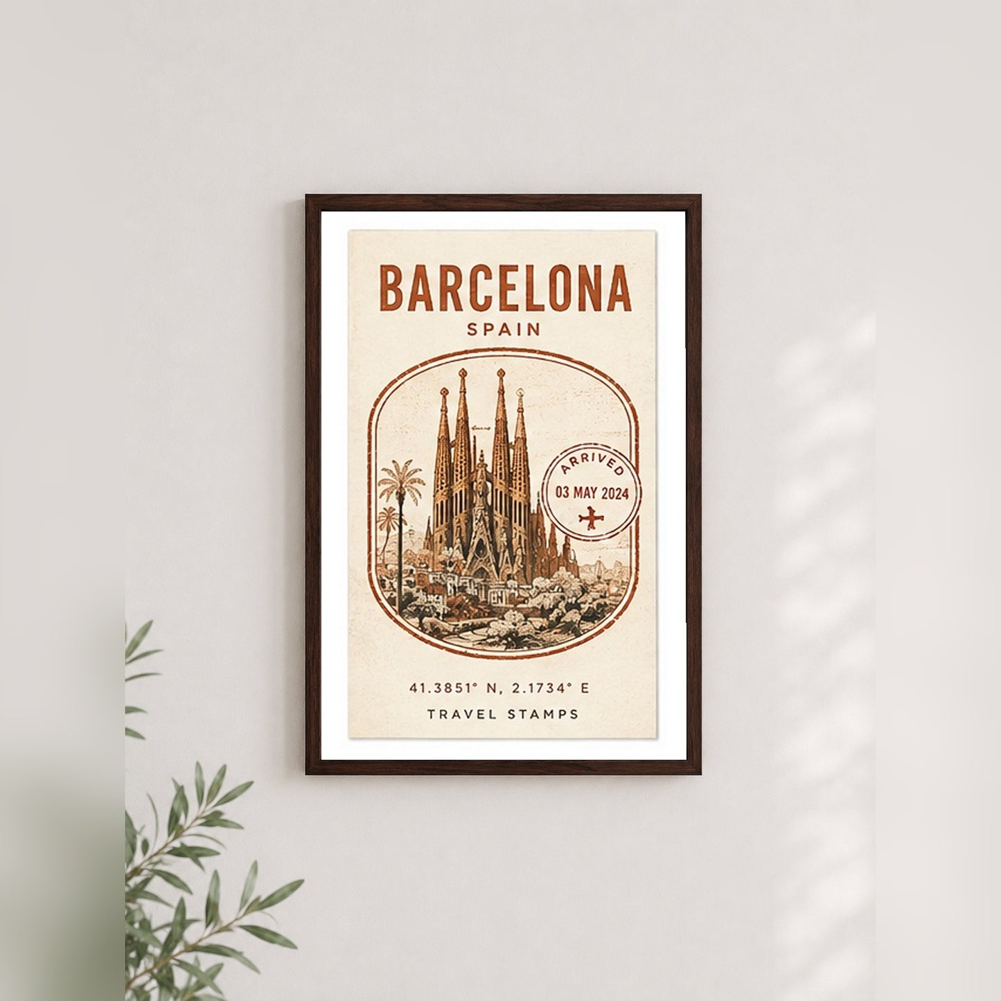 Barcelona Seyahat Hatırası – Vintage Çerçeveli Poster — Ceviz — Paspartulu — TabloLab