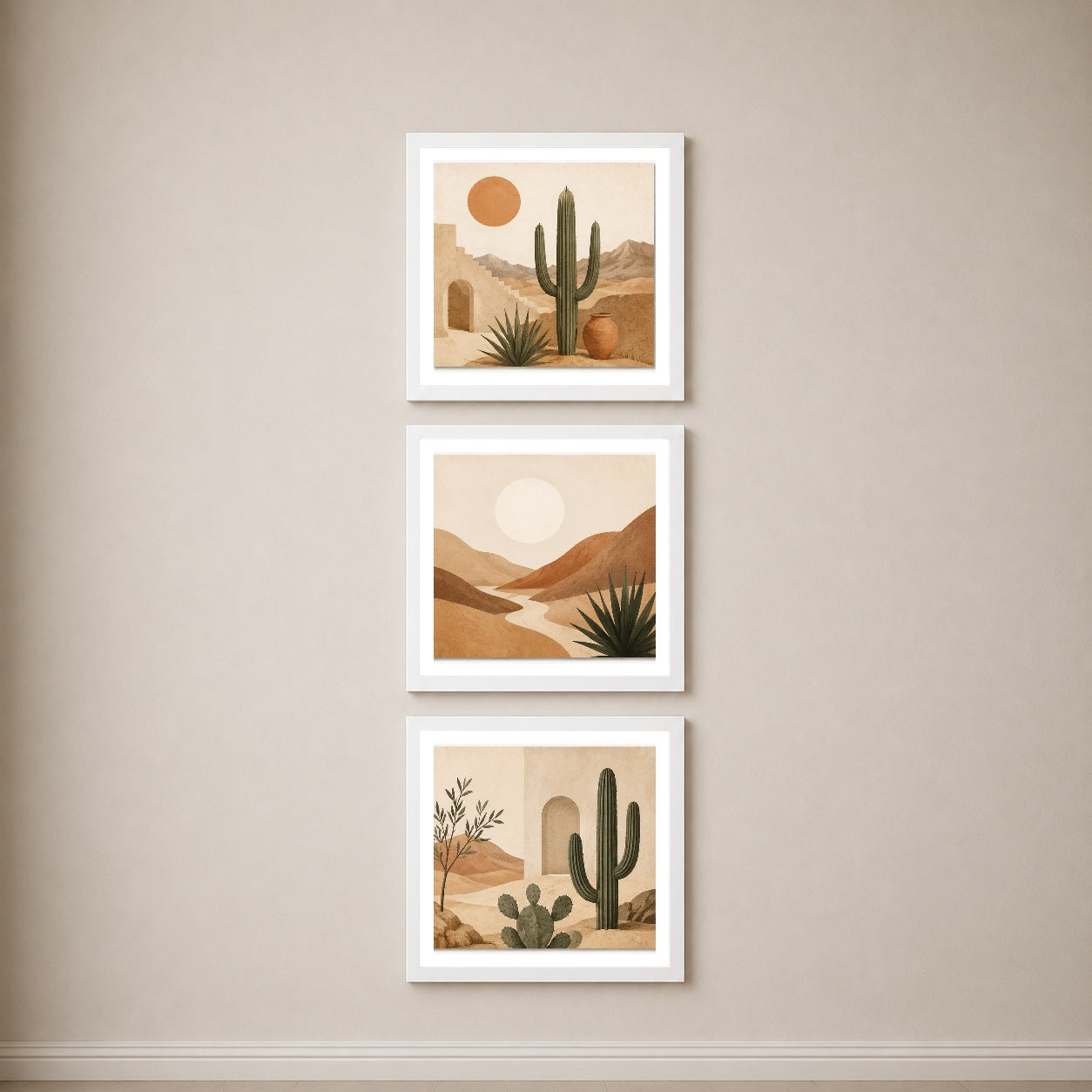 Desert Serenity 3’lü Tablo Seti \| Boho Çöl Manzarası \| Kaktüs ve Minimal Duvar Dekoru — Beyaz — Beyaz Kenarlı — TabloLab
