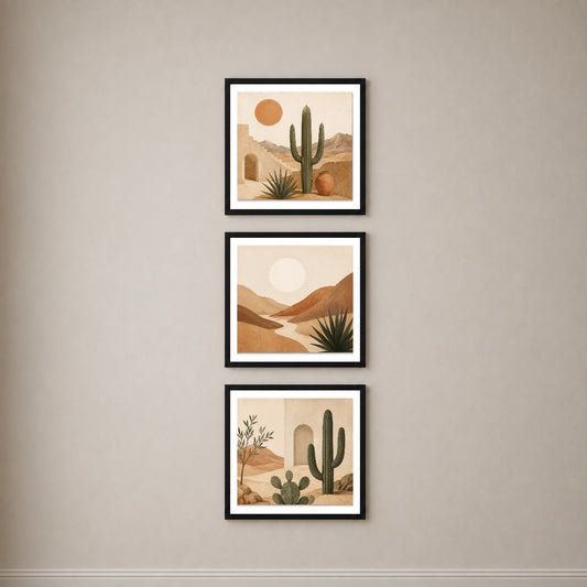 Desert Serenity 3’lü Tablo Seti \| Boho Çöl Manzarası \| Kaktüs ve Minimal Duvar Dekoru — Siyah — Beyaz Kenarlı — TabloLab