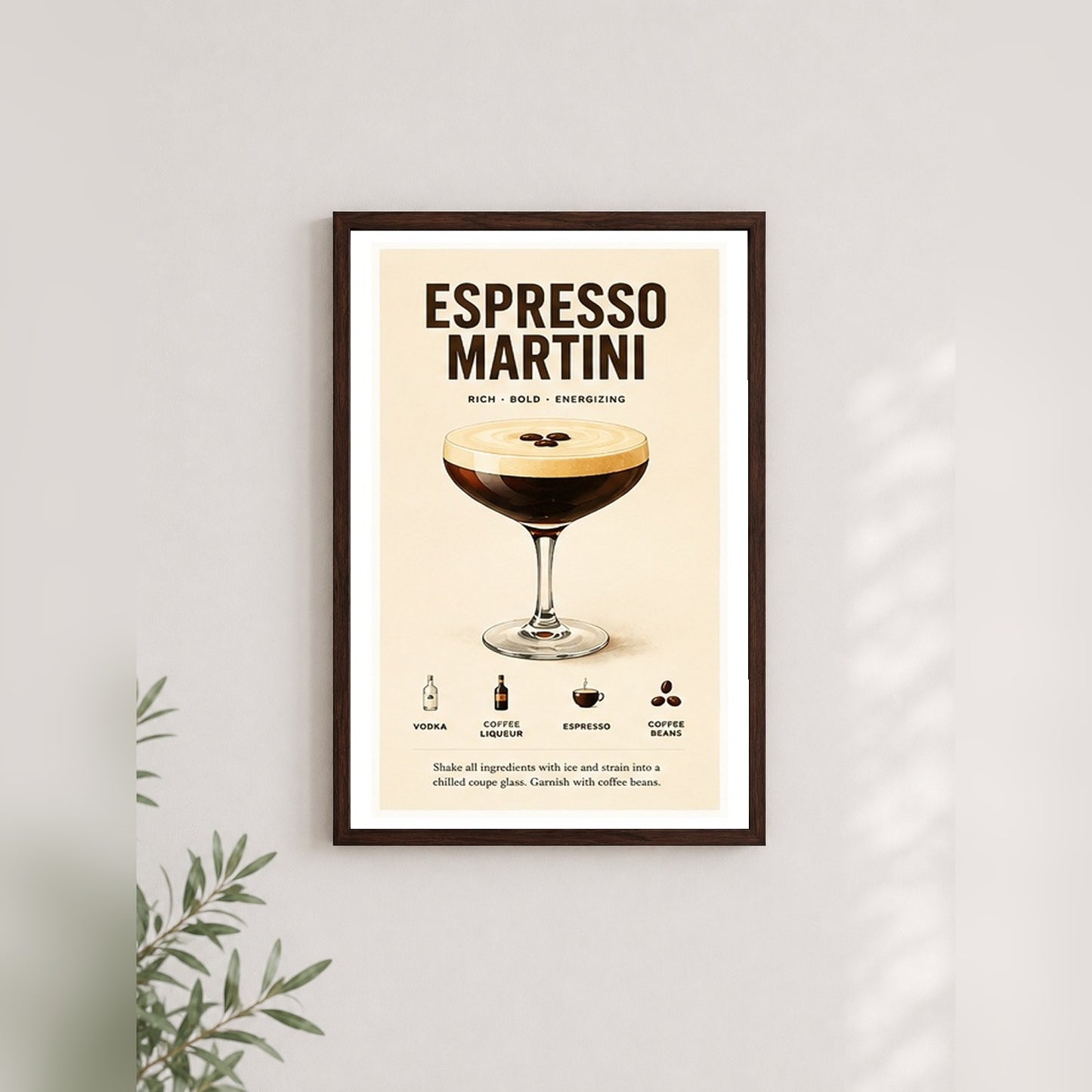 Espresso Martini Keyfi – Vintage Çerçeveli Poster — Ceviz — Paspartulu — TabloLab