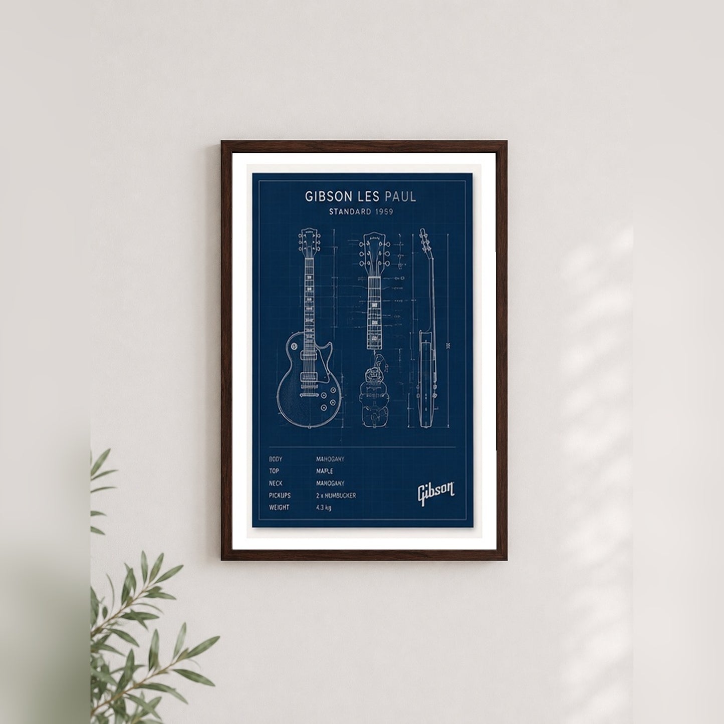 Gitar Mühendisliği – Teknik Çizim Çerçeveli Poster — Ceviz — Paspartulu — TabloLab