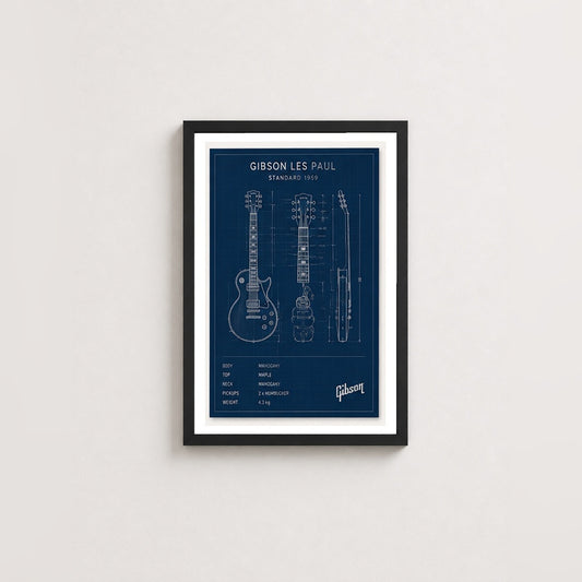 Gitar Mühendisliği – Teknik Çizim Çerçeveli Poster — Siyah — Paspartulu — TabloLab