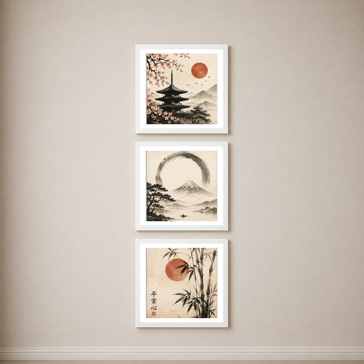 Japanese Calm 3’lü Tablo Seti | Japandi Duvar Dekoru | Japon Zen Sanatı | Fuji Dağı, Sakura ve Bambu Posterleri | Minimal Ev Dekorasyonu — Beyaz — Beyaz Kenarlı — TabloLab