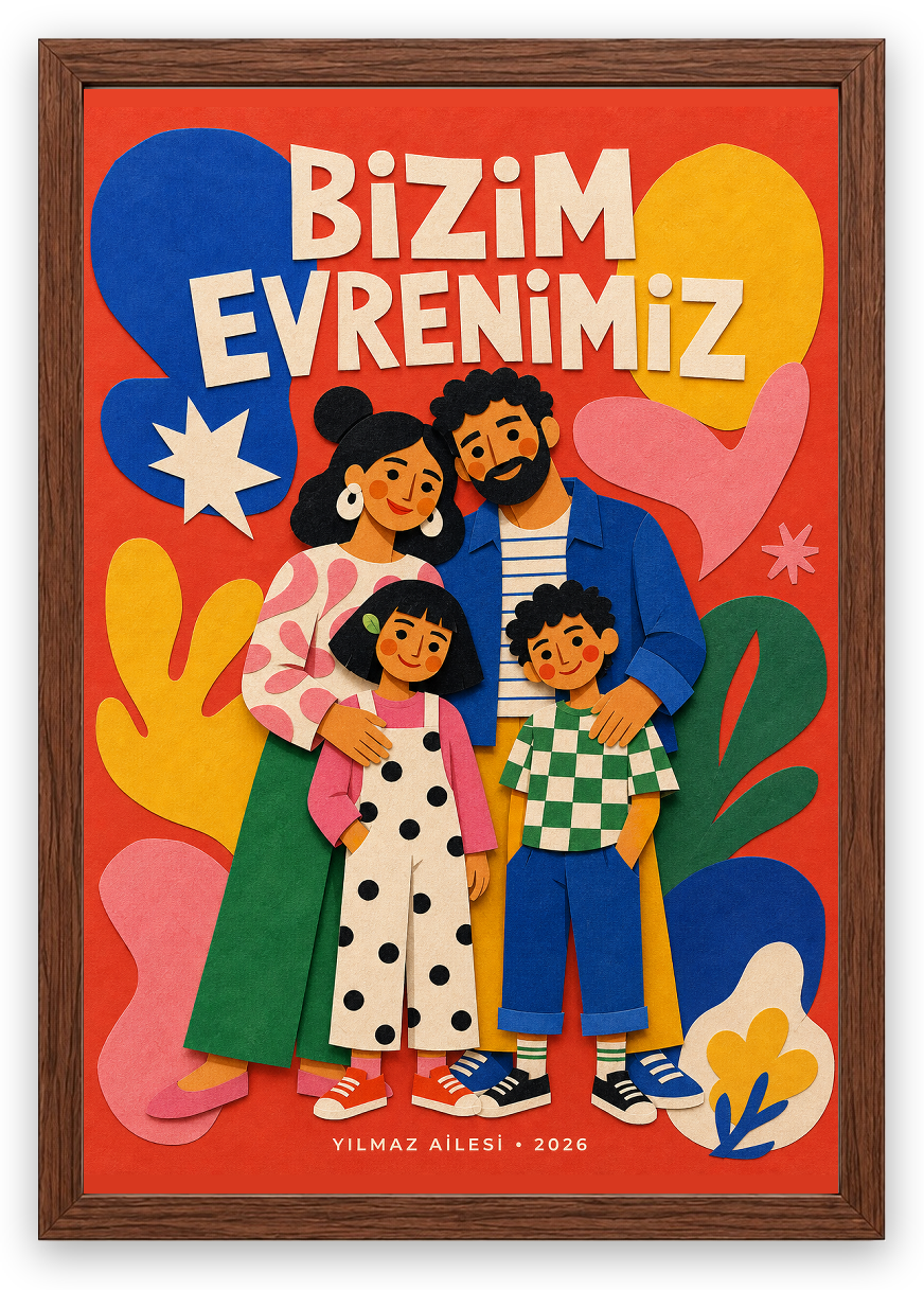 Kişiye Özel Renkli Aile Tablosu — Ceviz Çerçeve — TabloLab