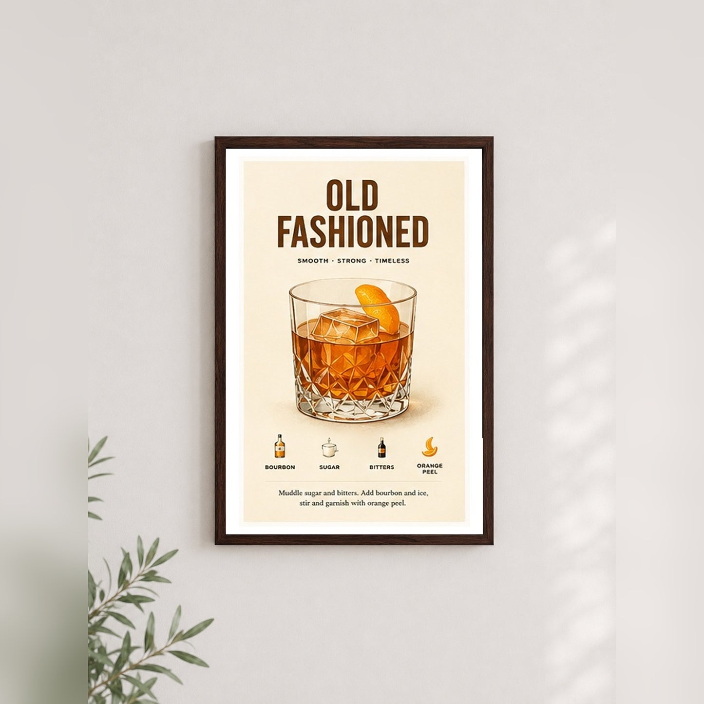 Klasik Old Fashioned Tarifi – Vintage Çerçeveli Poster — Ceviz — Paspartulu — TabloLab
