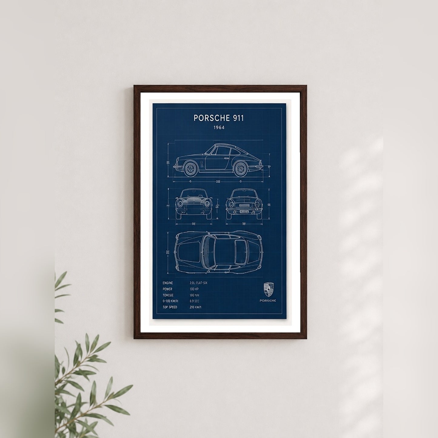 Klasik Porsche 911 Planları – Teknik Çizim Çerçeveli Poster — Ceviz — Paspartulu — TabloLab