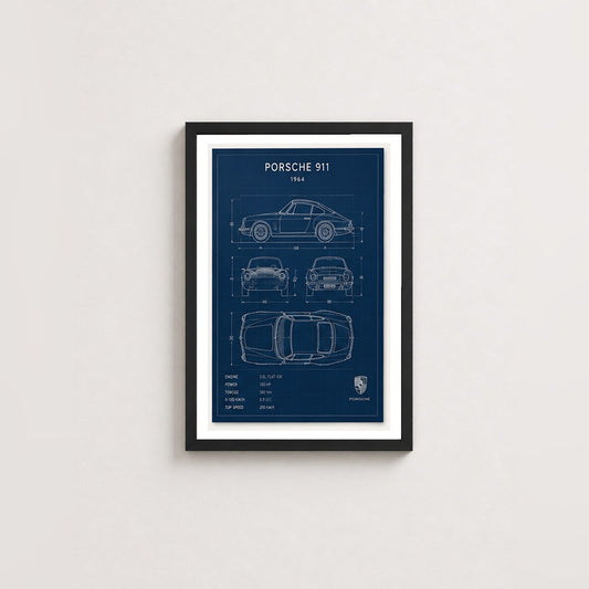 Klasik Porsche 911 Planları – Teknik Çizim Çerçeveli Poster — Siyah — Paspartulu — TabloLab