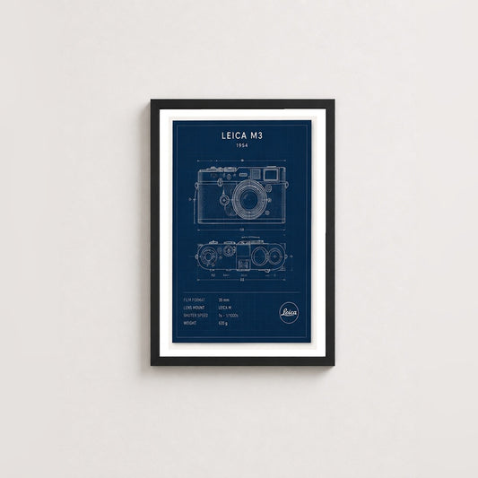 Leica M3 Çizim – Teknik Çerçeveli Poster — Siyah — Paspartulu — TabloLab