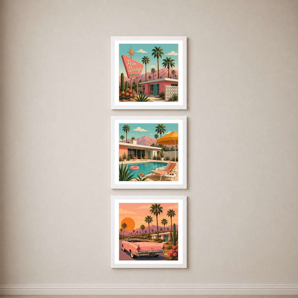 Palm Springs 3’lü Tablo Seti | Retro California İllüstrasyon | Renkli Duvar Dekoru — Beyaz — Beyaz Kenarlı — TabloLab