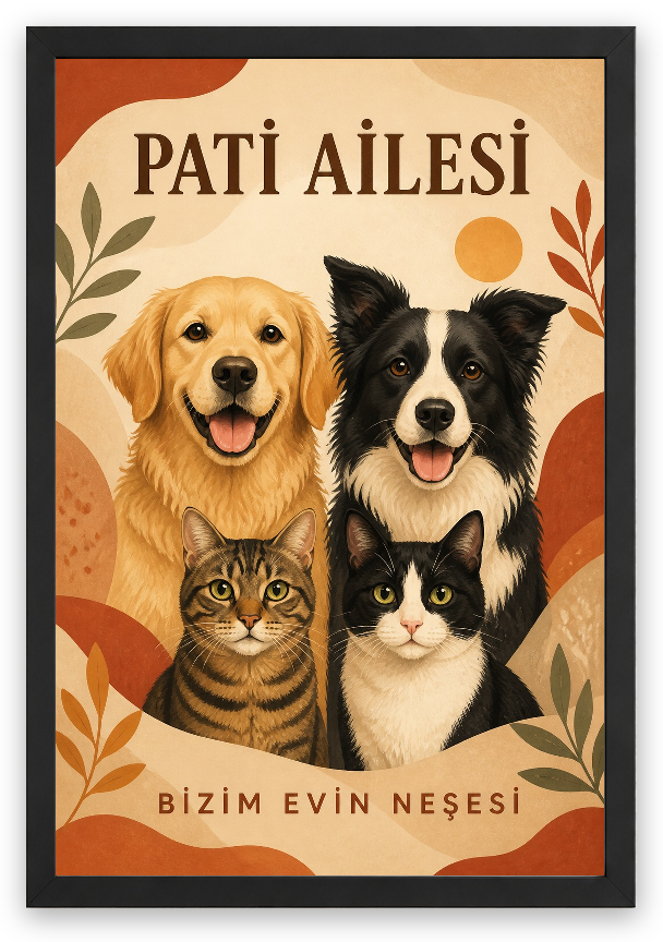 Pati Ailesi – 4 Hayvanlı Kişiselleştirilebilir Poster — Siyah — Tam Baskı — TabloLab