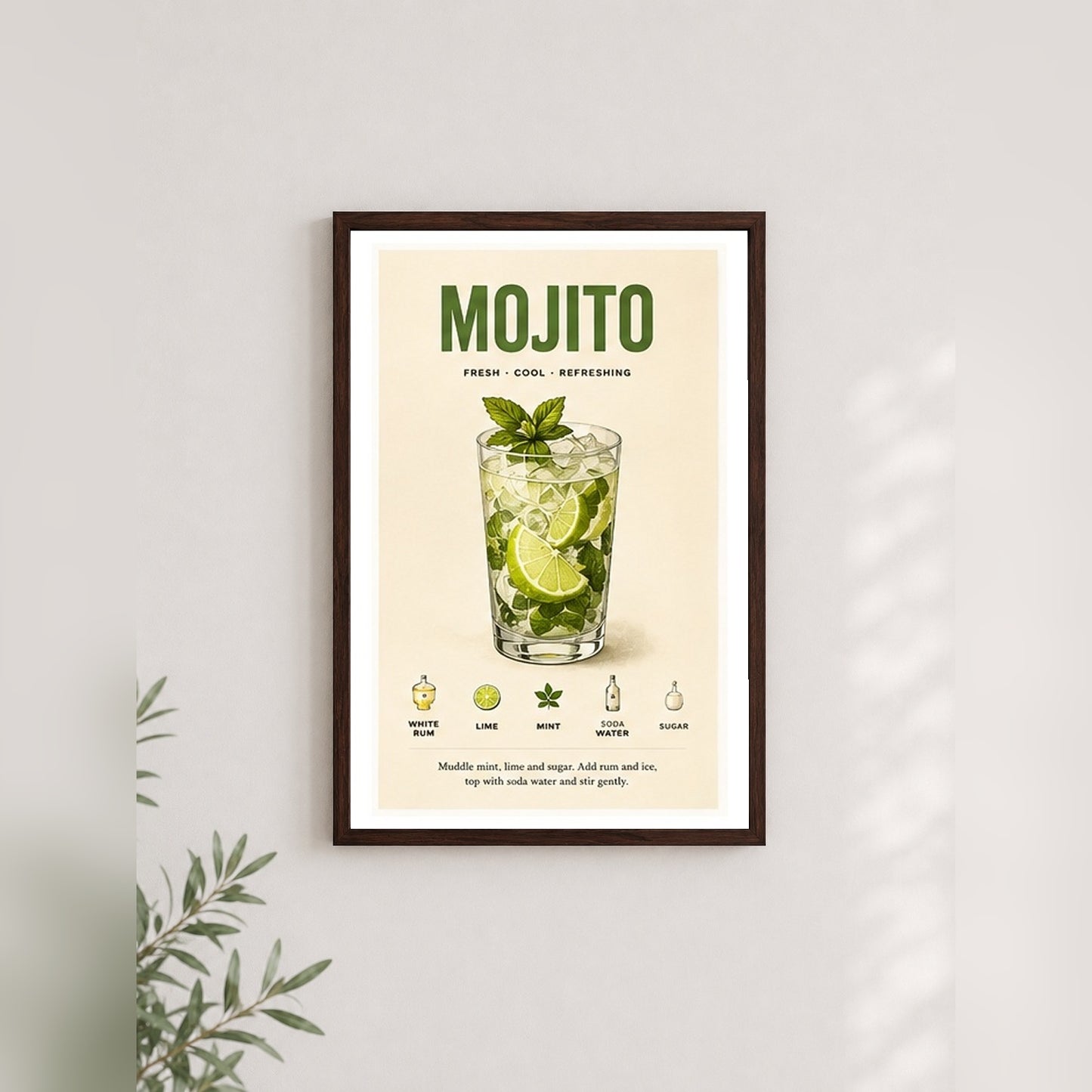 Serin Mojito Tarifi – Retro Çerçeveli Poster — Ceviz — Paspartulu — TabloLab
