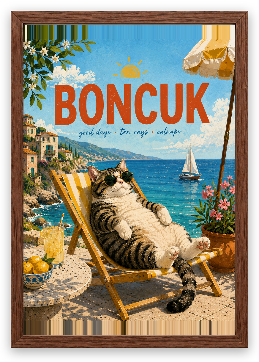 Summer Catnap – Kişiselleştirilebilir Pet Tablosu — Ceviz Çerçeve — TabloLab