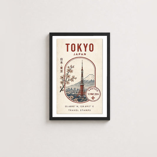 Tokyo Seyahat Hatırası – Vintage Çerçeveli Poster — Siyah — Paspartulu — TabloLab