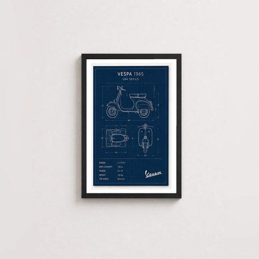 Vespa 1965 Mavi Çizimi – Teknik Çizim Çerçeveli Poster — Siyah — Paspartulu — TabloLab