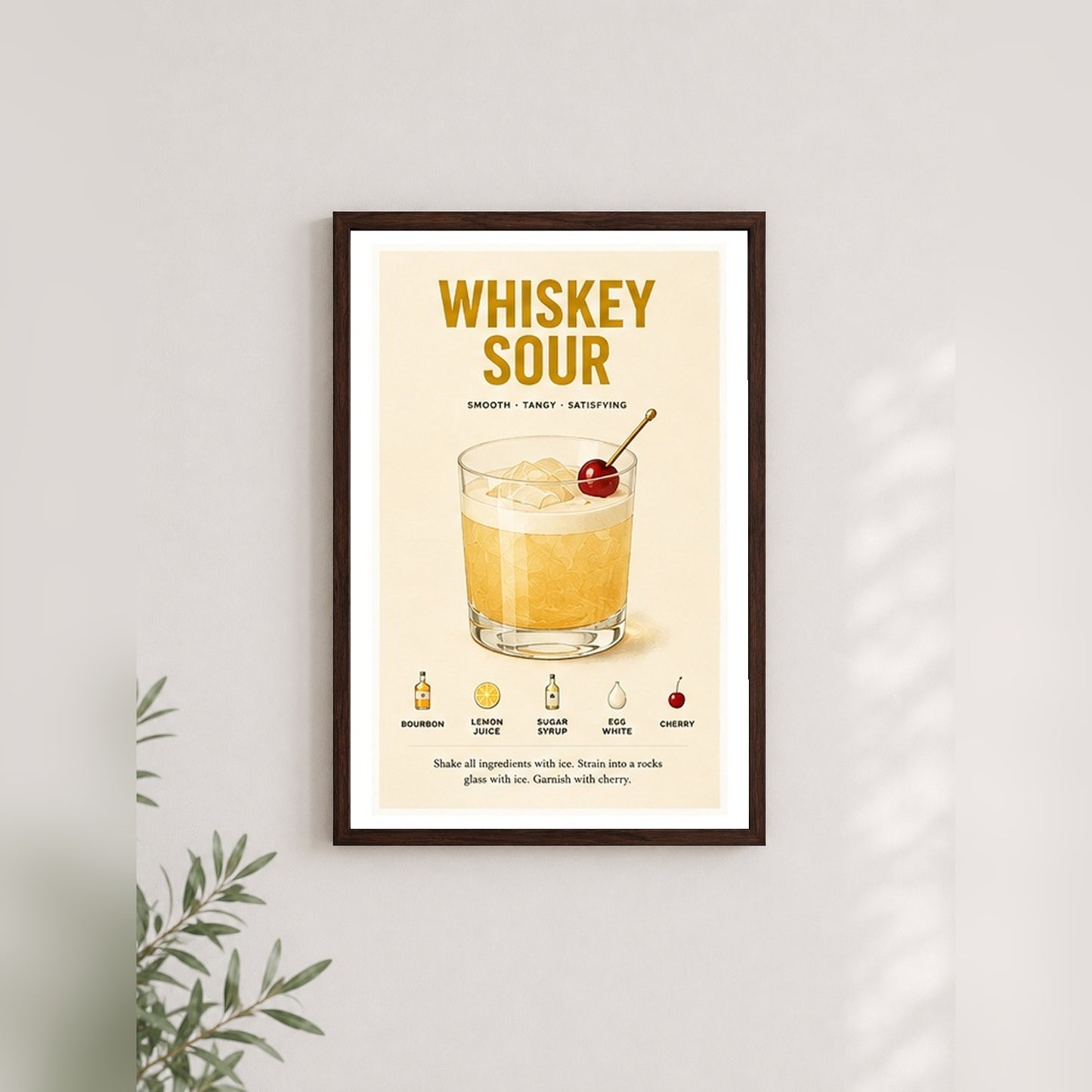 Whiskey Sour Tarifi – Vintage Çerçeveli Poster — Ceviz — Paspartulu — TabloLab