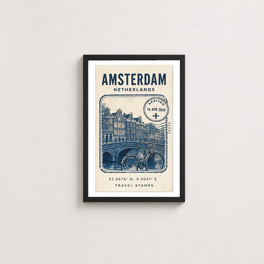 Amsterdam'da Bir Anı – Vintage Çerçeveli Poster — Siyah — Paspartulu — TabloLab