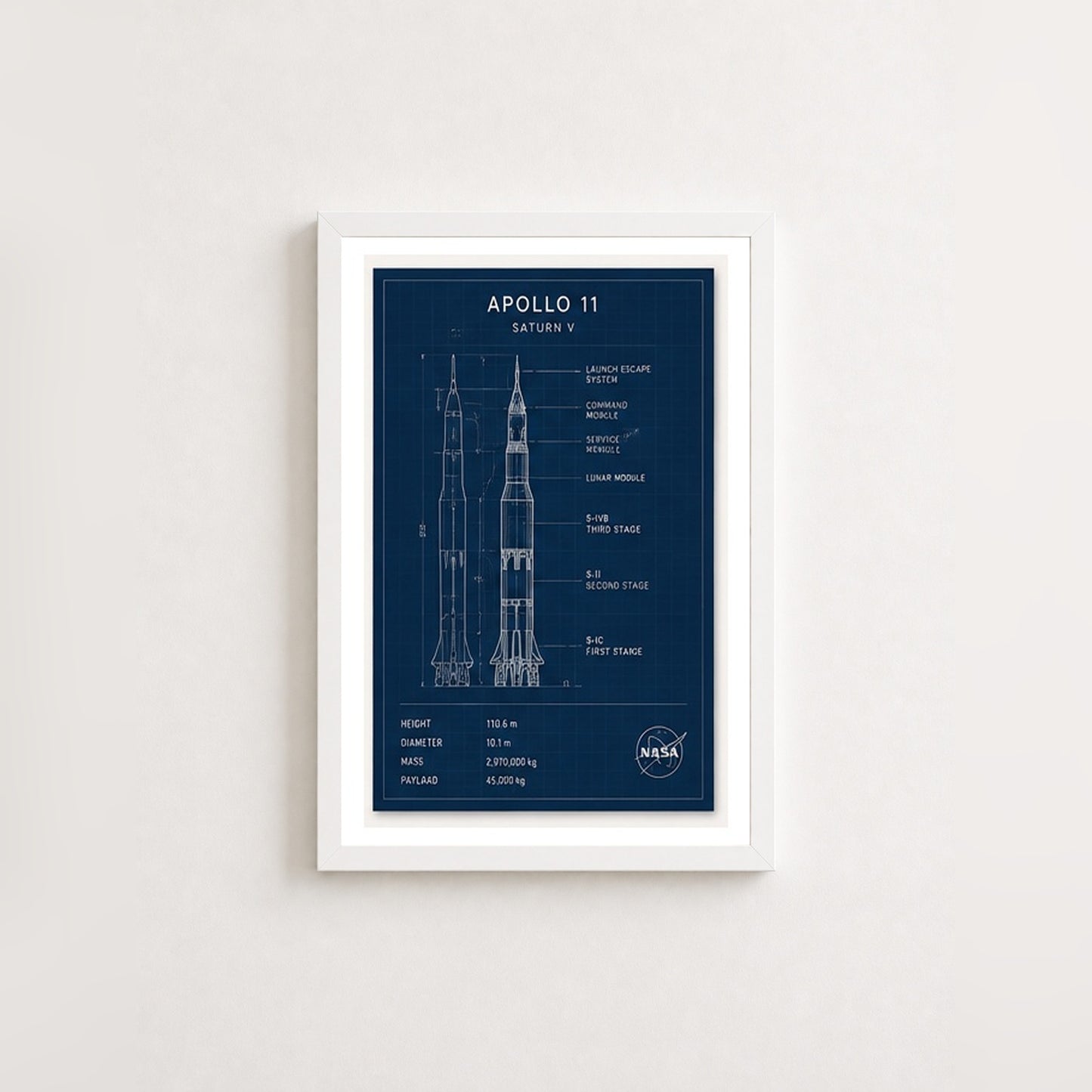 Apollo 11 Roket Tasarımı – Teknik Çerçeveli Poster — Beyaz — Paspartulu — TabloLab