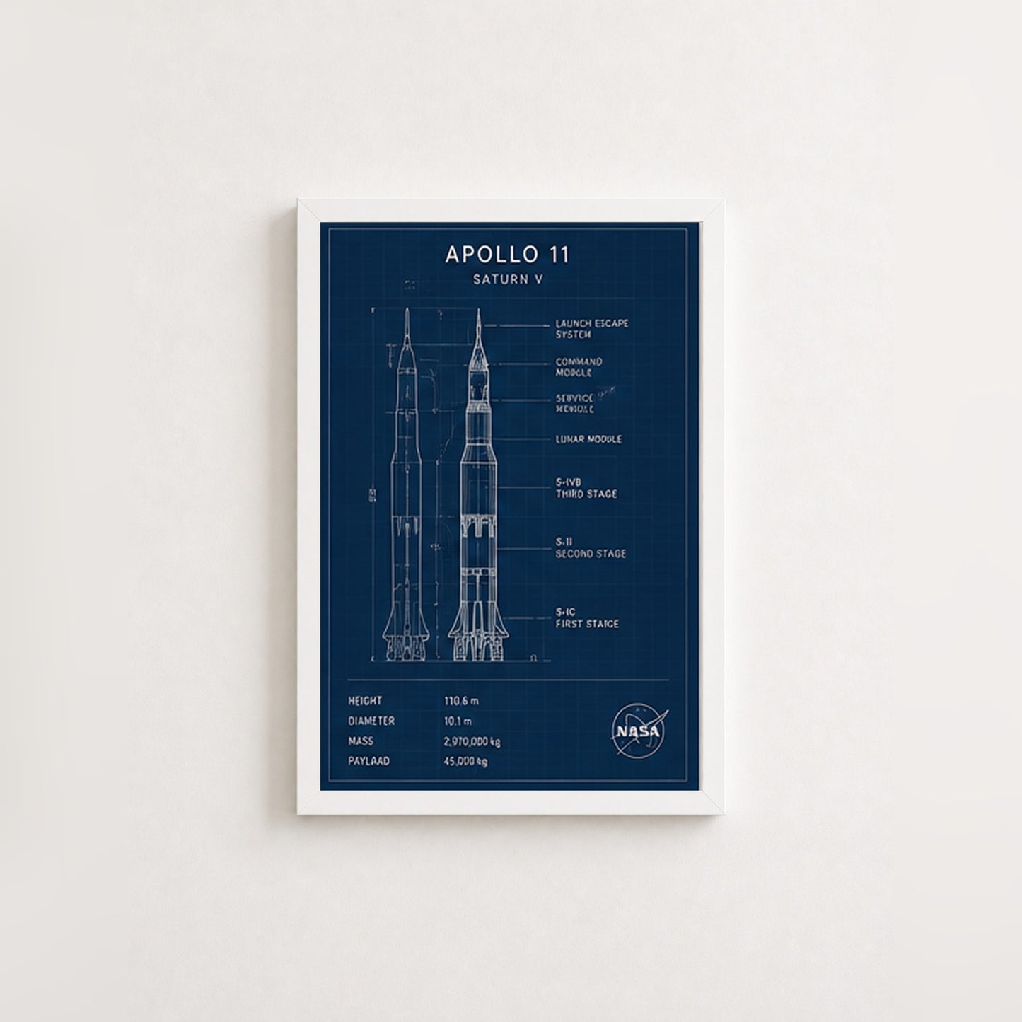 Apollo 11 Roket Tasarımı – Teknik Çerçeveli Poster — Beyaz — Paspartusuz — TabloLab