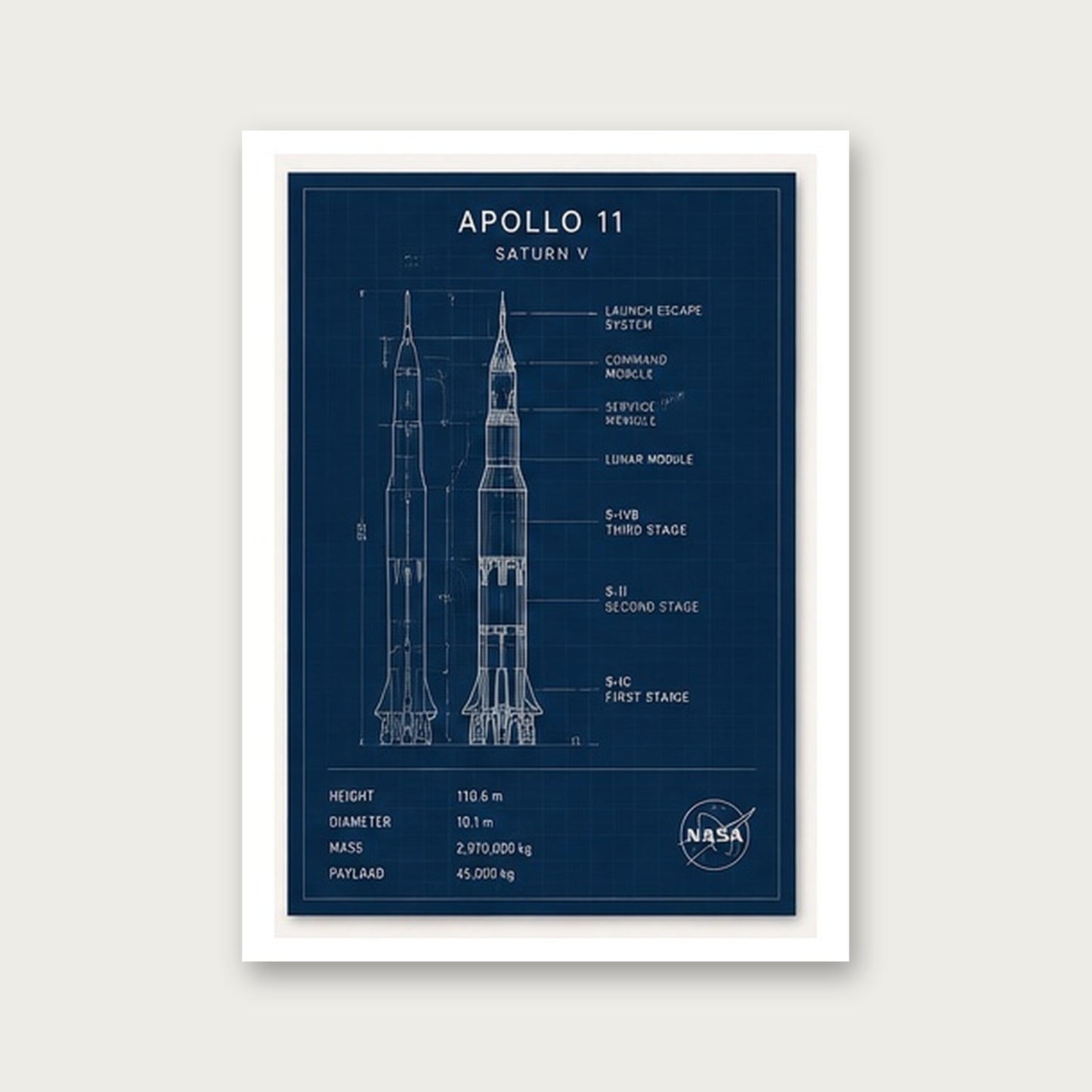 Apollo 11 Roket Tasarımı – Teknik Çerçeveli Poster — Çerçevesiz — Paspartulu — TabloLab
