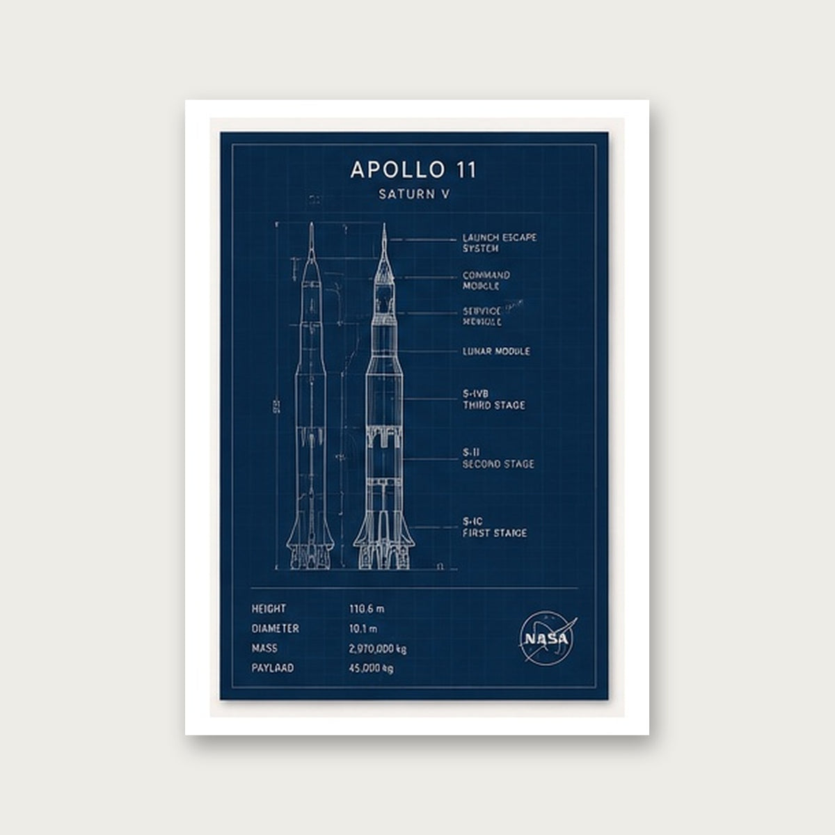 Apollo 11 Roket Tasarımı – Teknik Çerçeveli Poster — Çerçevesiz — Paspartulu — TabloLab