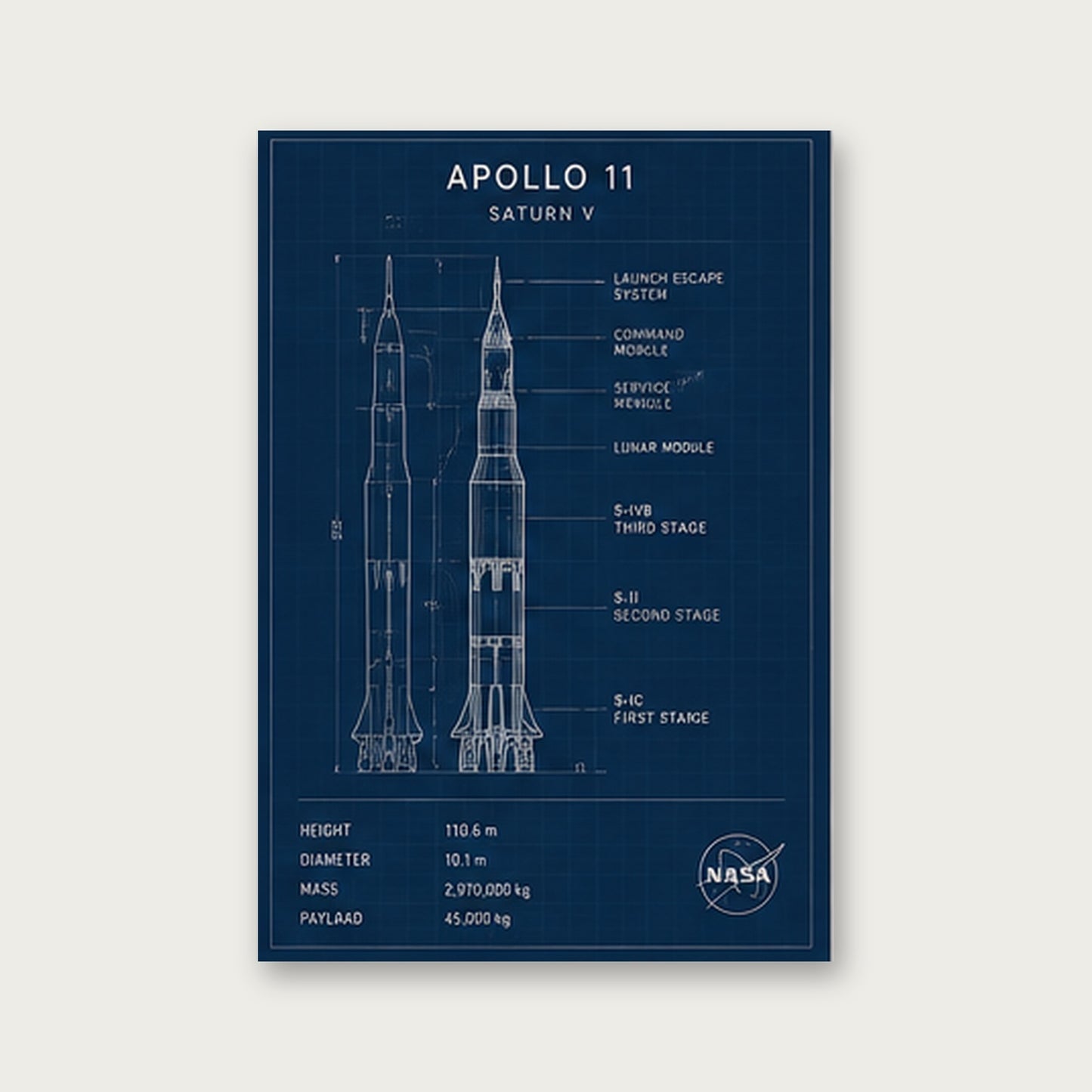 Apollo 11 Roket Tasarımı – Teknik Çerçeveli Poster — Çerçevesiz — Paspartusuz — TabloLab
