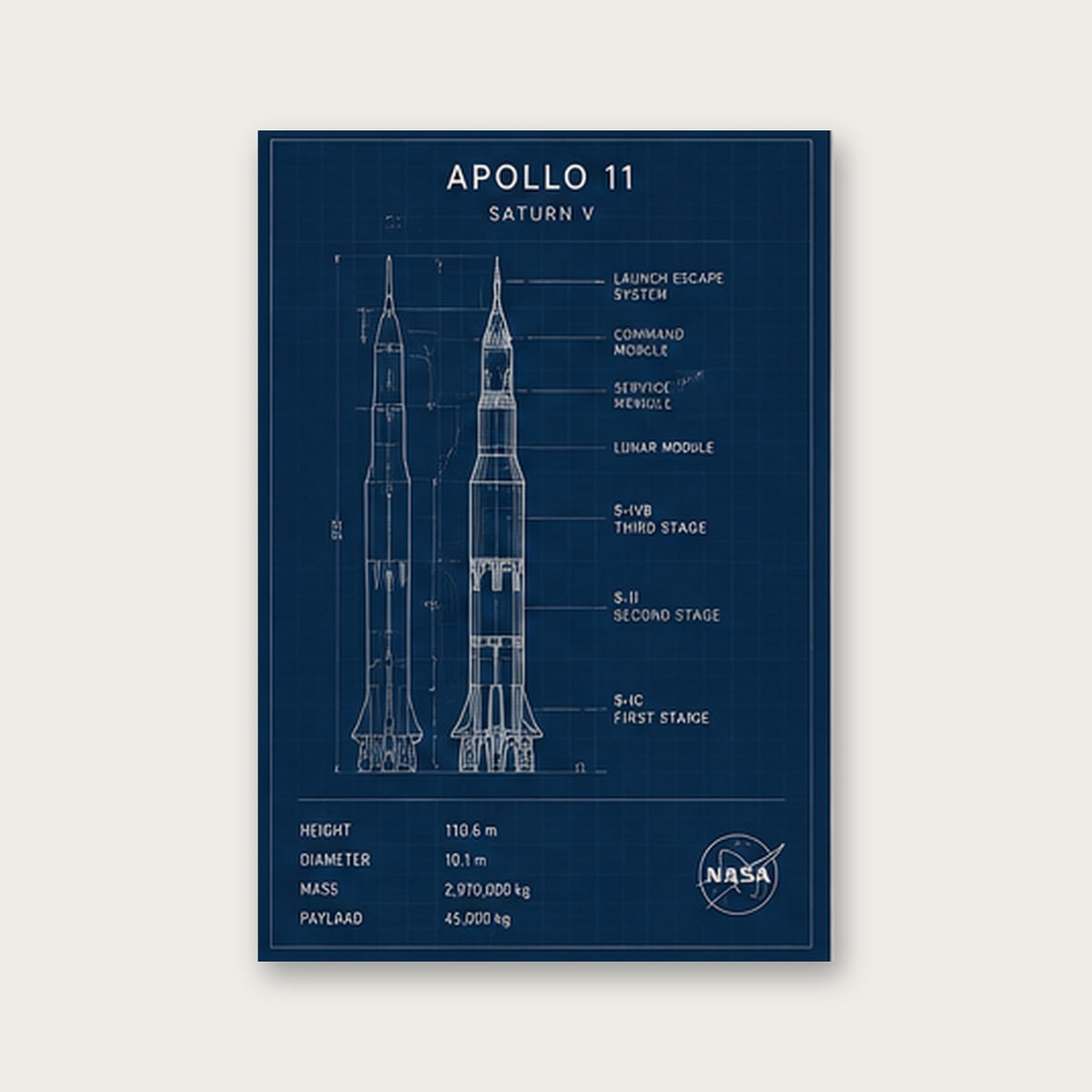 Apollo 11 Roket Tasarımı – Teknik Çerçeveli Poster — Çerçevesiz — Paspartusuz — TabloLab