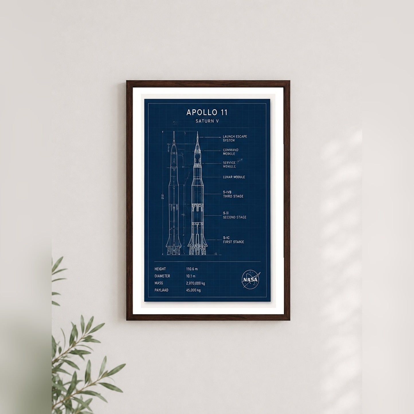 Apollo 11 Roket Tasarımı – Teknik Çerçeveli Poster — Ceviz — Paspartulu — TabloLab