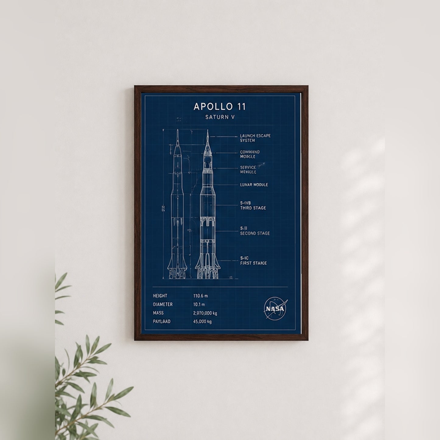 Apollo 11 Roket Tasarımı – Teknik Çerçeveli Poster — Ceviz — Paspartusuz — TabloLab