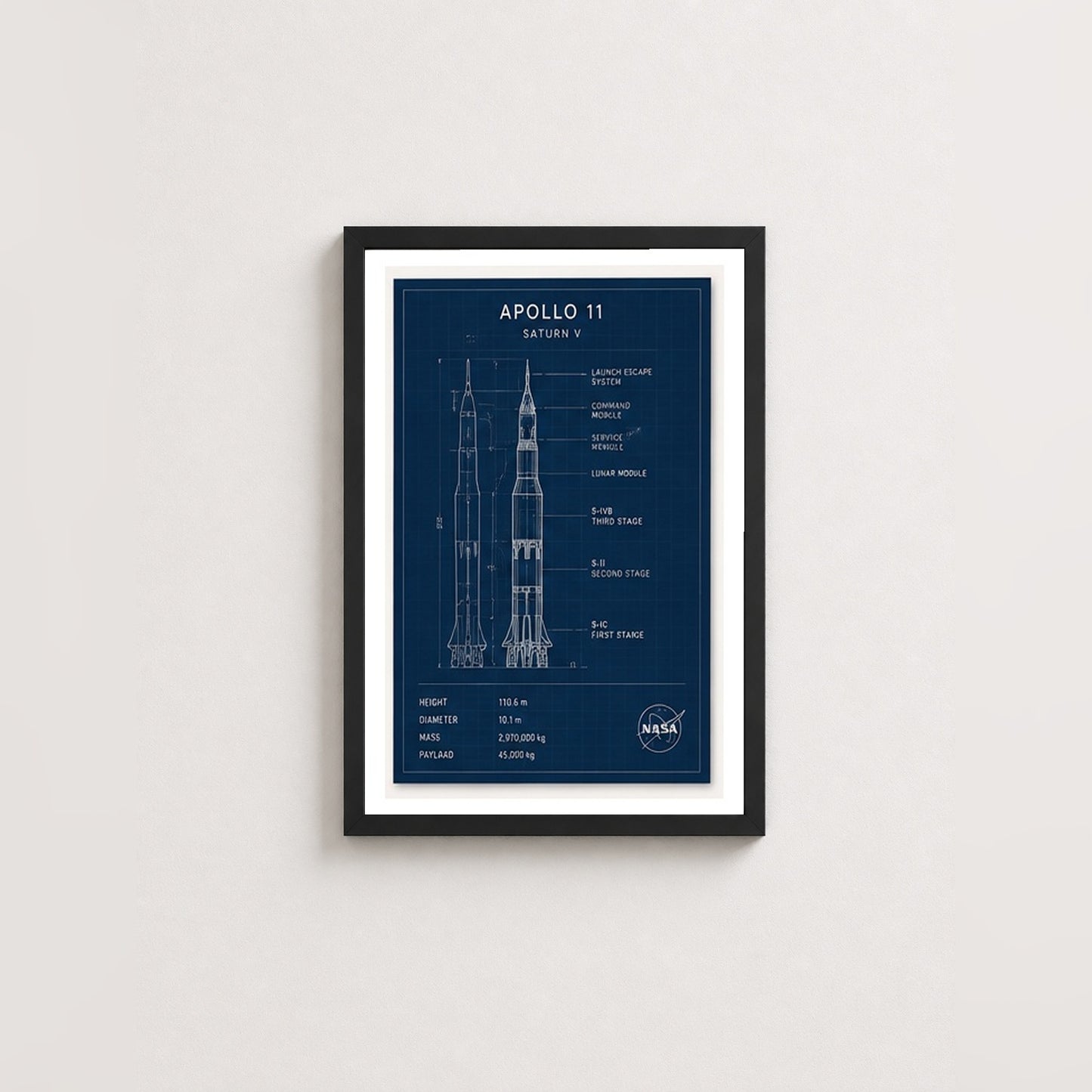 Apollo 11 Roket Tasarımı – Teknik Çerçeveli Poster — Siyah — Paspartulu — TabloLab