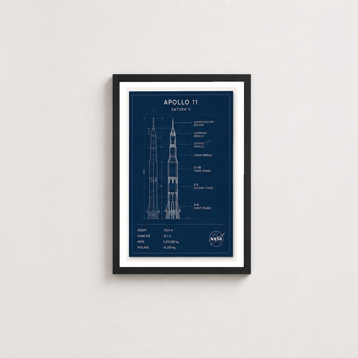 Apollo 11 Roket Tasarımı – Teknik Çerçeveli Poster — Siyah — Paspartulu — TabloLab