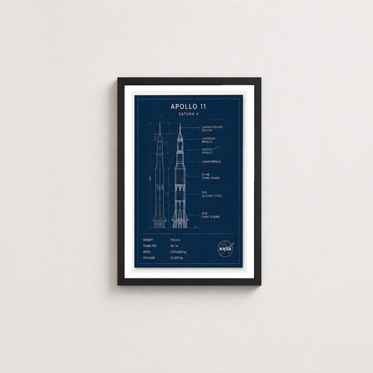 Apollo 11 Roket Tasarımı – Teknik Çerçeveli Poster — Siyah — Paspartulu — TabloLab