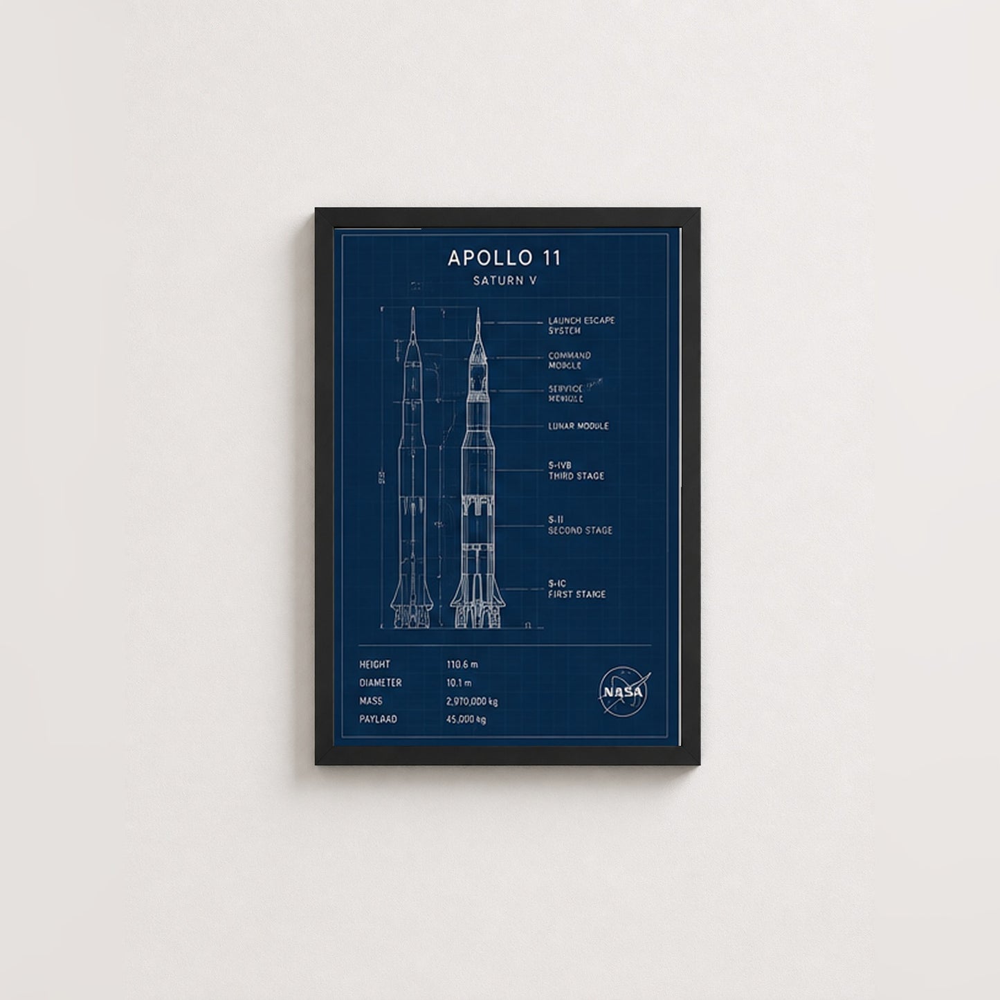 Apollo 11 Roket Tasarımı – Teknik Çerçeveli Poster — Siyah — Paspartusuz — TabloLab