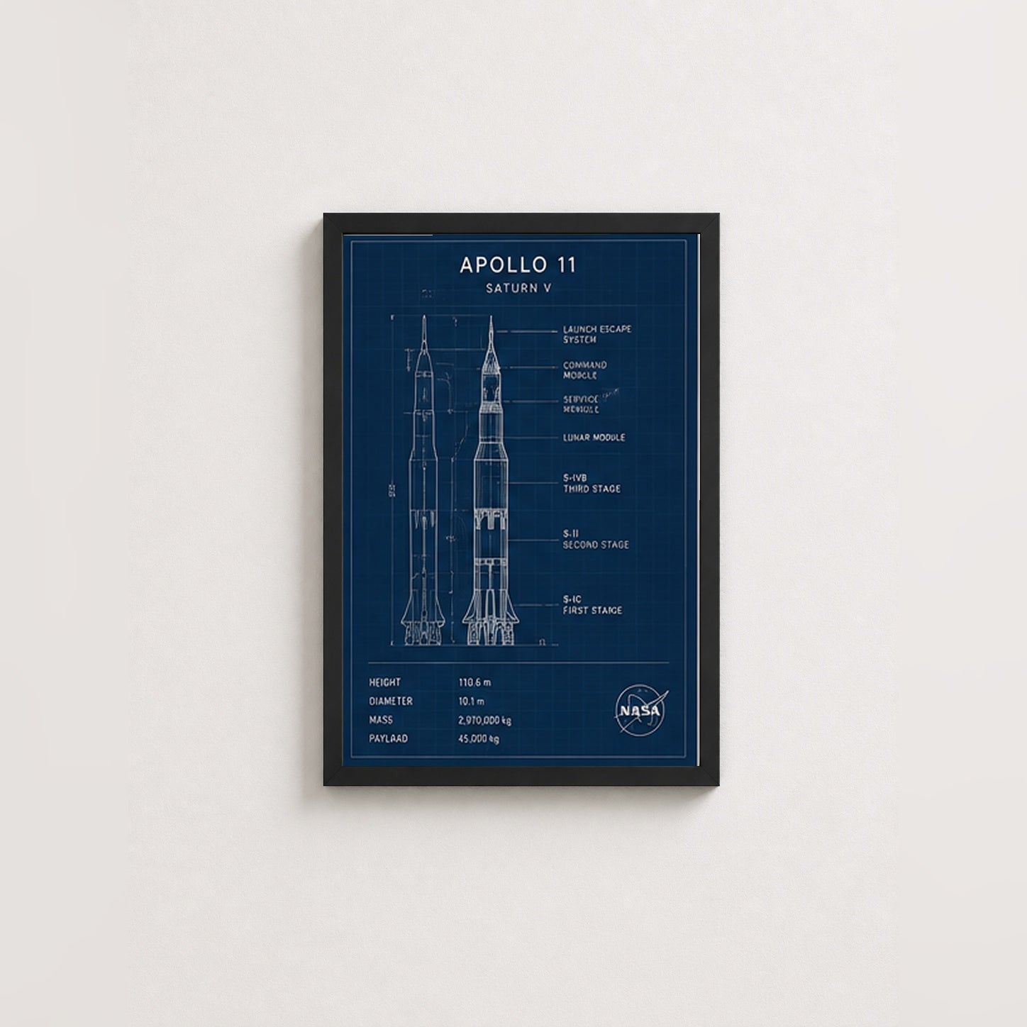 Apollo 11 Roket Tasarımı – Teknik Çerçeveli Poster — Siyah — Paspartusuz — TabloLab