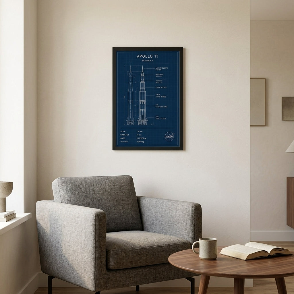Apollo 11 Roket Tasarımı – Teknik Çerçeveli Poster — Siyah — Paspartusuz — TabloLab