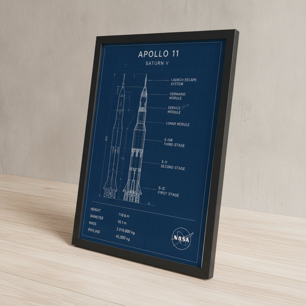 Apollo 11 Roket Tasarımı – Teknik Çerçeveli Poster — Siyah — Paspartusuz — TabloLab