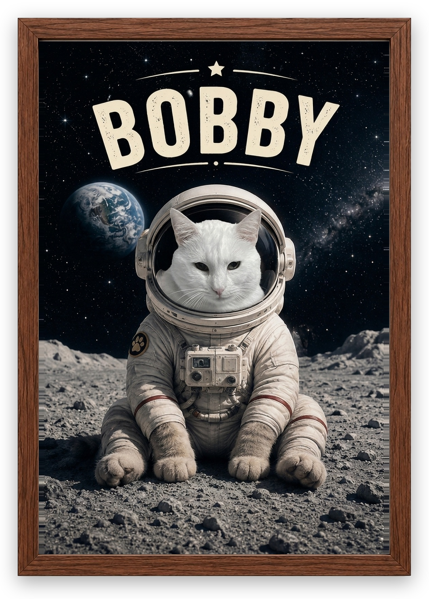 Astronot Pet Poster - Evcil Hayvanına Özel Kişiselleştirilebilir Tablo — Ceviz Çerçeve — TabloLab