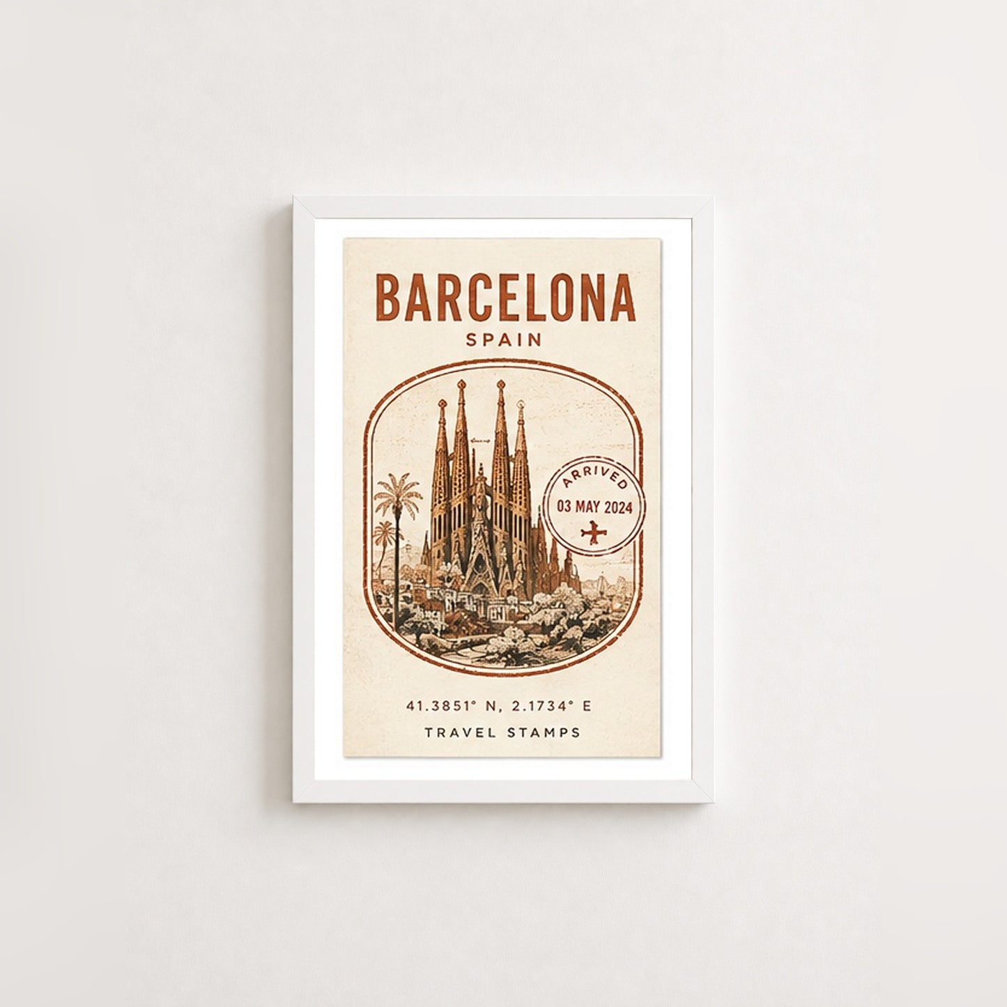 Barcelona Seyahat Hatırası – Vintage Çerçeveli Poster — Beyaz — Paspartulu — TabloLab