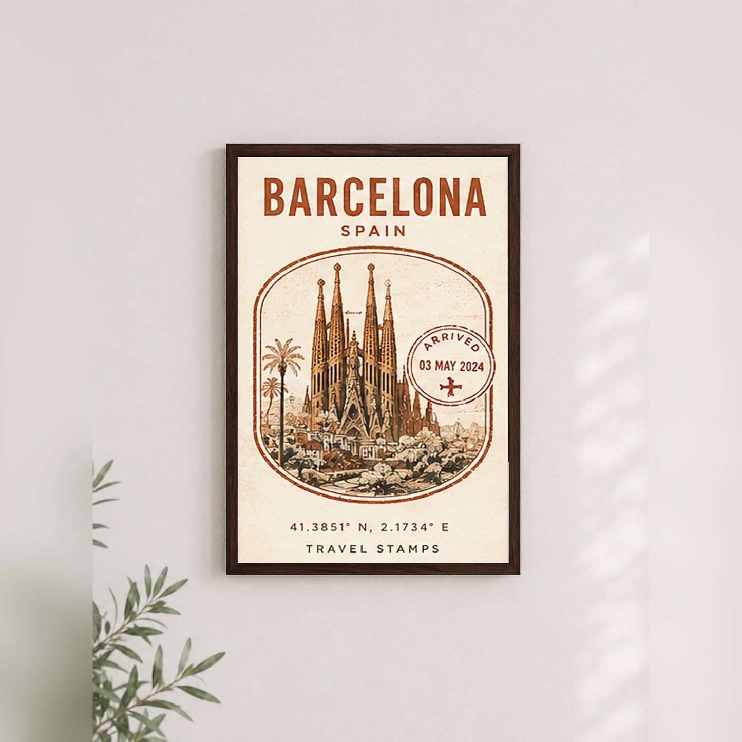 Barcelona Seyahat Hatırası – Vintage Çerçeveli Poster — Ceviz — Paspartusuz — TabloLab