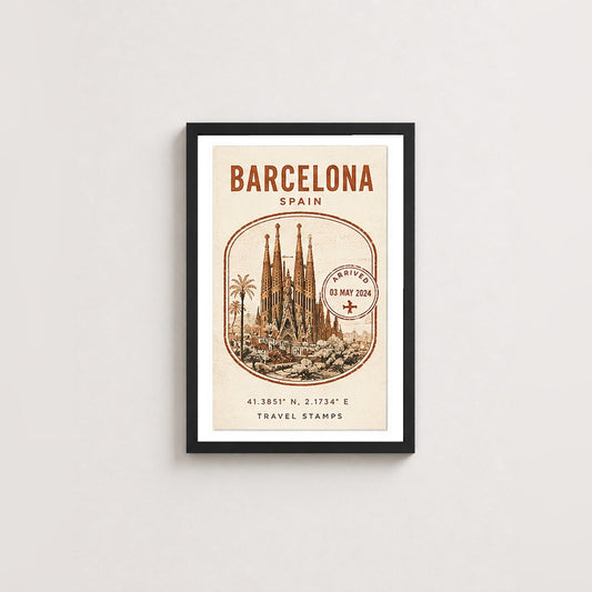 Barcelona Seyahat Hatırası – Vintage Çerçeveli Poster — Siyah — Paspartulu — TabloLab
