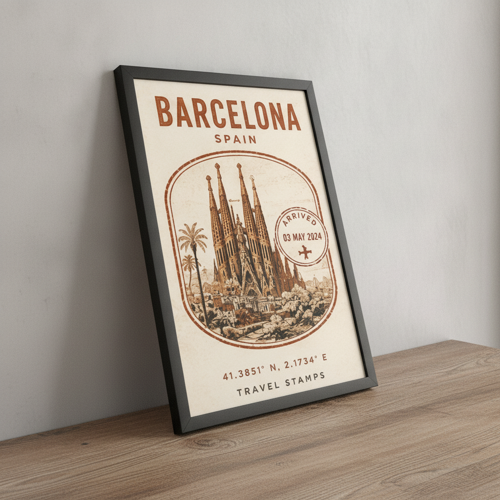 Barcelona Seyahat Hatırası – Vintage Çerçeveli Poster — Siyah — Paspartusuz — TabloLab