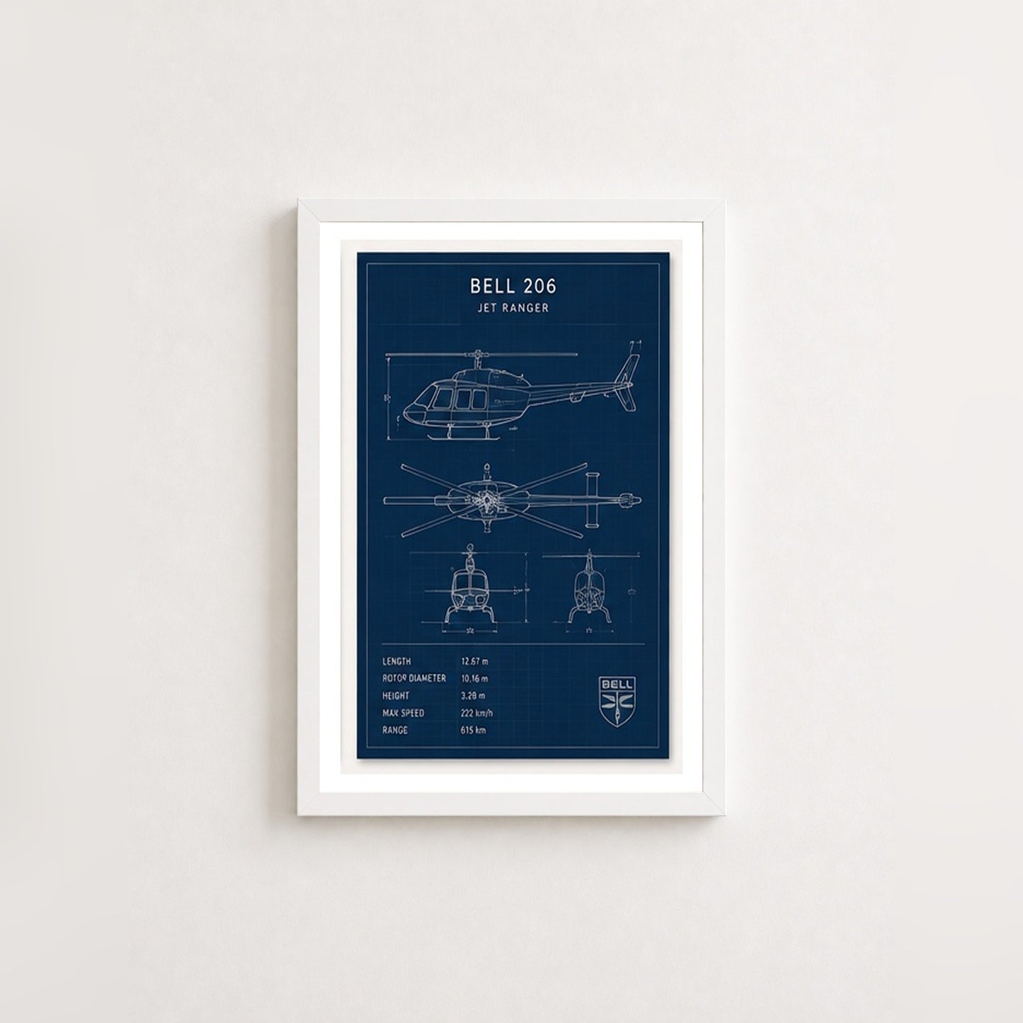 Bell 206 Jet Ranger – Teknik Çizim Çerçeveli Poster — Beyaz — Paspartulu — TabloLab