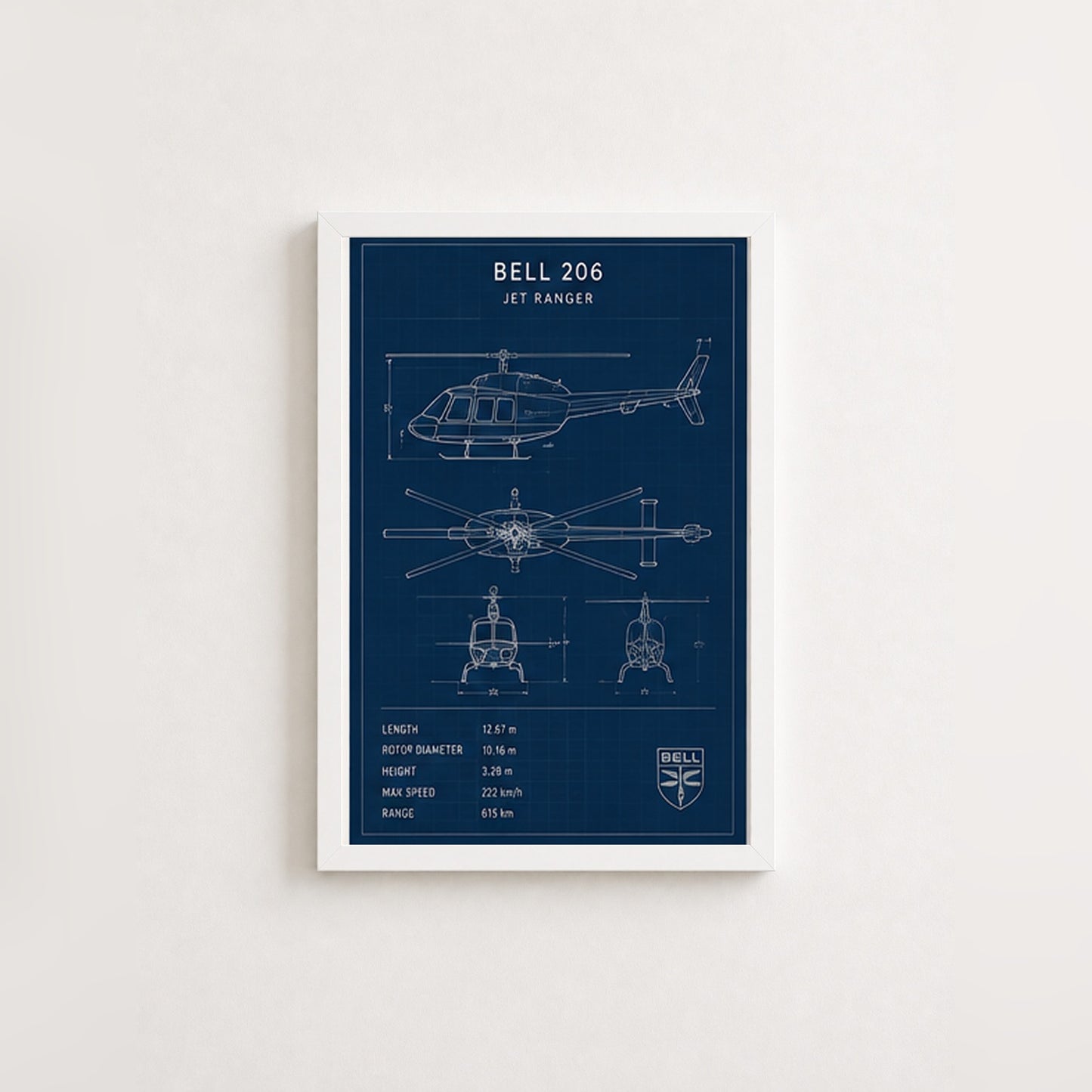 Bell 206 Jet Ranger – Teknik Çizim Çerçeveli Poster — Beyaz — Paspartusuz — TabloLab