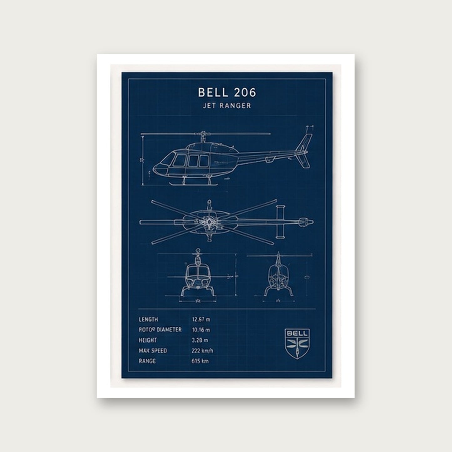 Bell 206 Jet Ranger – Teknik Çizim Çerçeveli Poster — Çerçevesiz — Paspartulu — TabloLab
