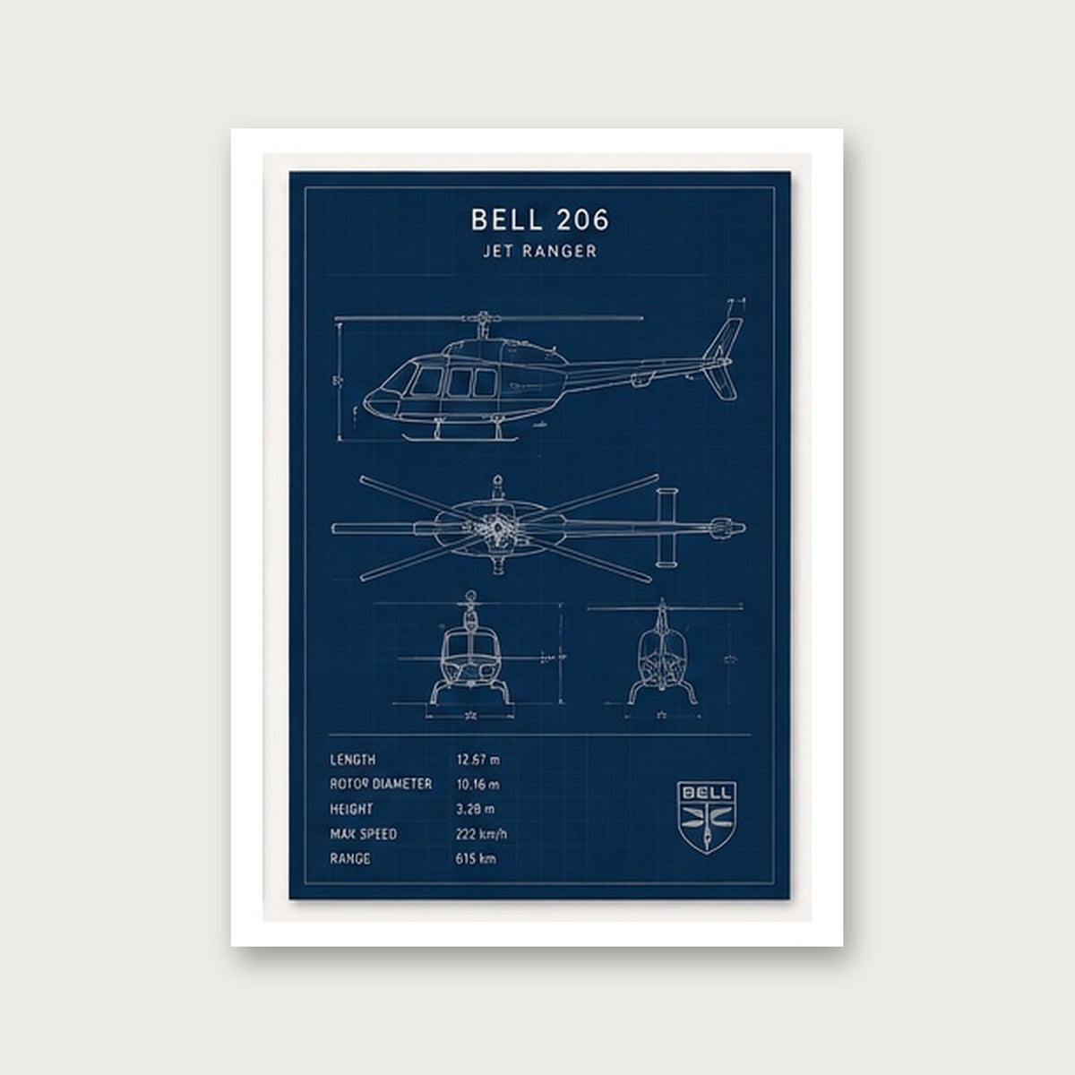 Bell 206 Jet Ranger – Teknik Çizim Çerçeveli Poster — Çerçevesiz — Paspartulu — TabloLab