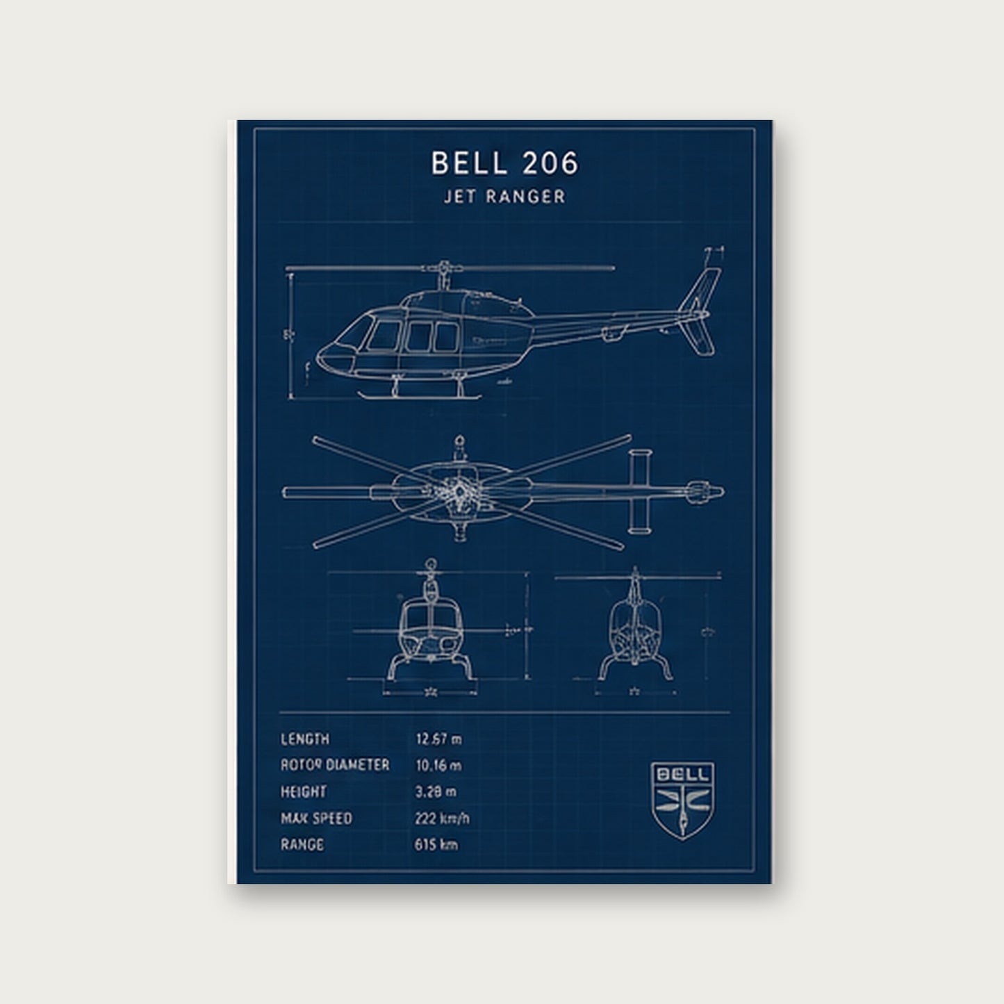 Bell 206 Jet Ranger – Teknik Çizim Çerçeveli Poster — Çerçevesiz — Paspartusuz — TabloLab