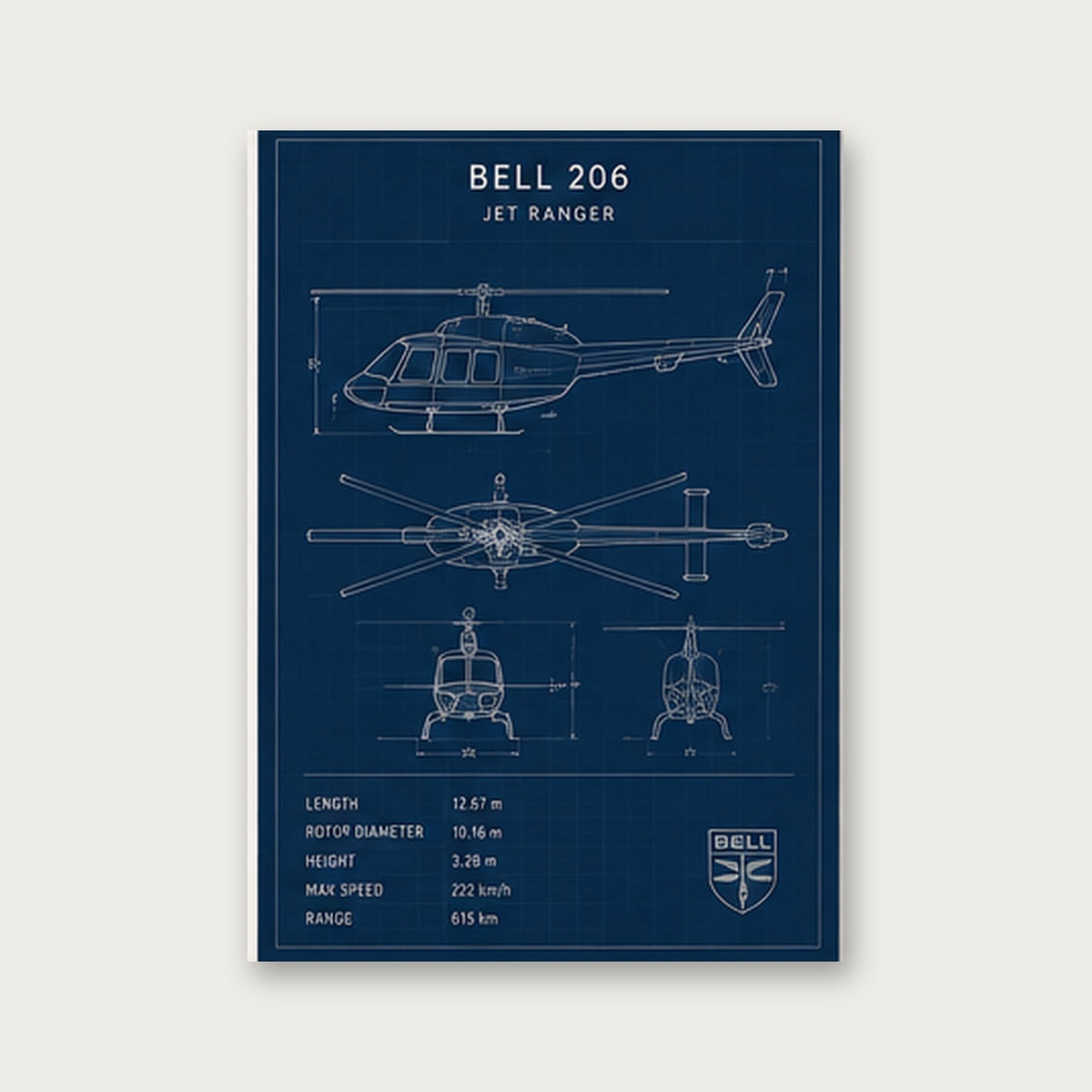 Bell 206 Jet Ranger – Teknik Çizim Çerçeveli Poster — Çerçevesiz — Paspartusuz — TabloLab