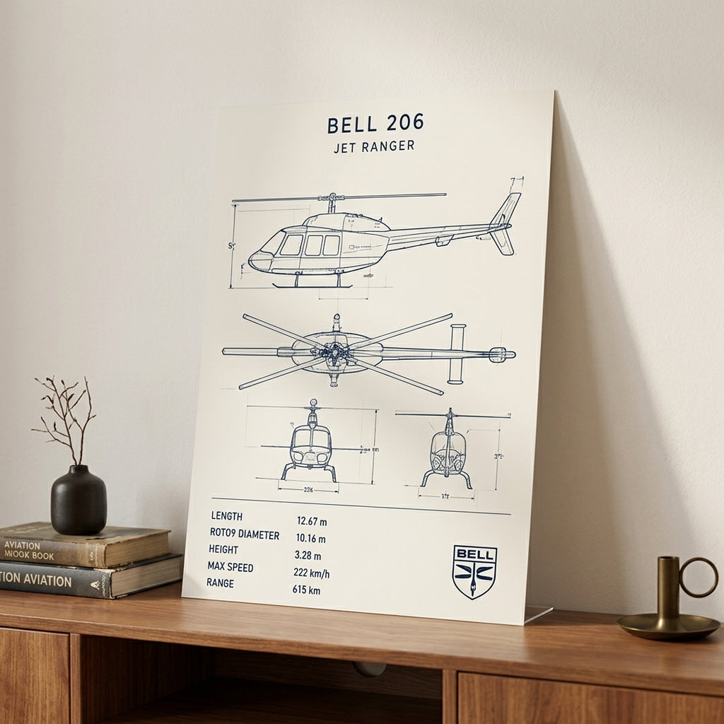 Bell 206 Jet Ranger – Teknik Çizim Çerçeveli Poster — Çerçevesiz — Paspartusuz — TabloLab