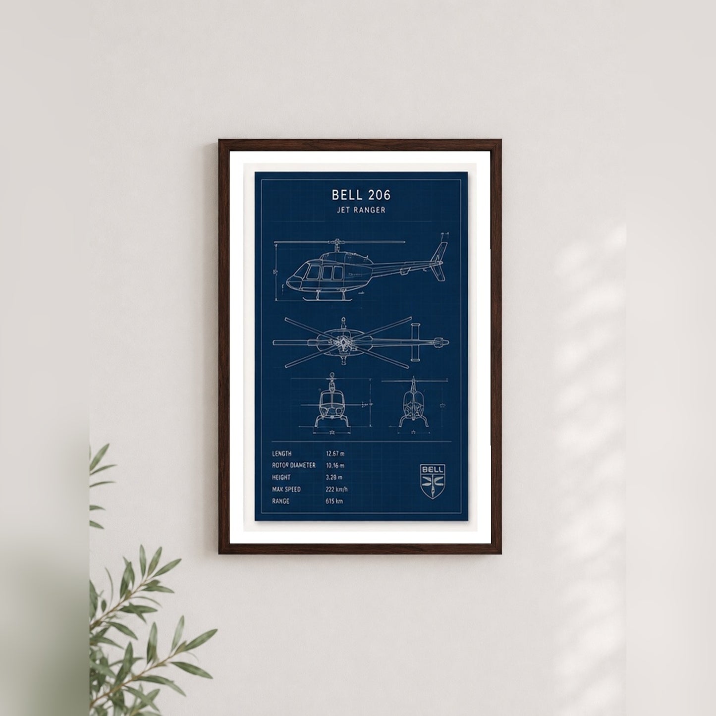 Bell 206 Jet Ranger – Teknik Çizim Çerçeveli Poster — Ceviz — Paspartulu — TabloLab