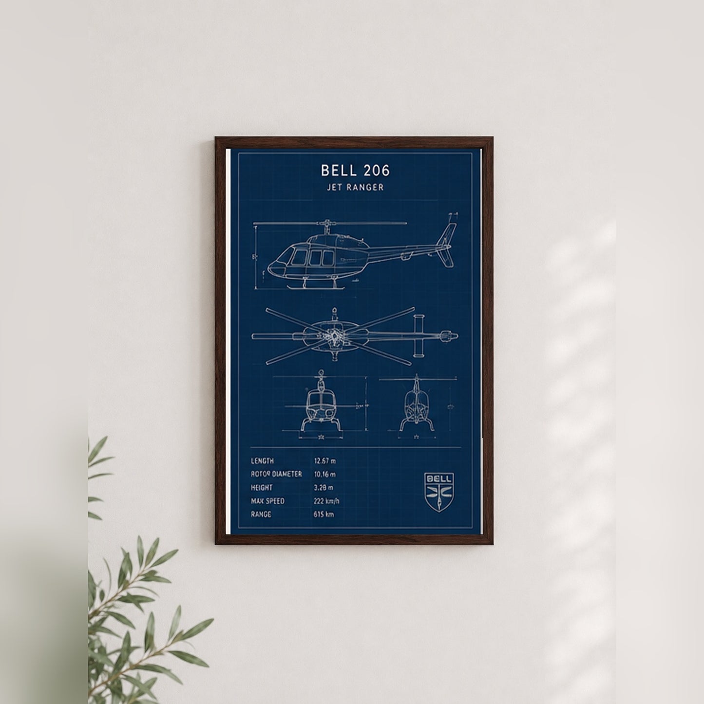 Bell 206 Jet Ranger – Teknik Çizim Çerçeveli Poster — Ceviz — Paspartusuz — TabloLab