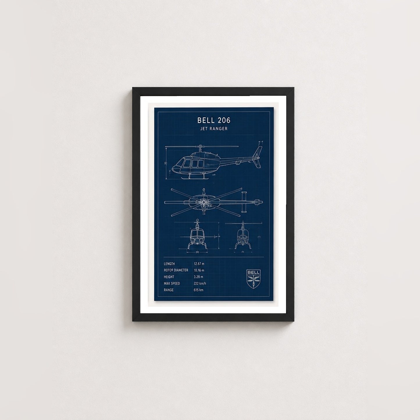 Bell 206 Jet Ranger – Teknik Çizim Çerçeveli Poster — Siyah — Paspartulu — TabloLab
